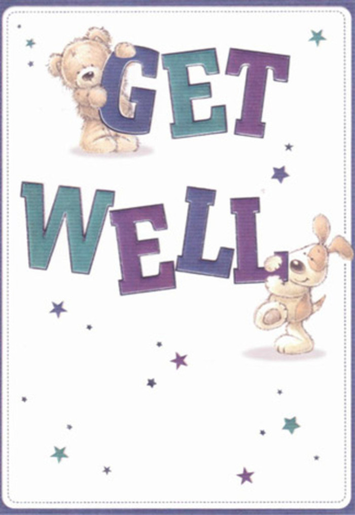 As if plucked from the vibrant heart of Shadwell, this get well card radiates lightness and hope, perfect for uplifting someone along Cable Street or within the caring circles of the local community. Two delightful characters-a friendly, round teddy bear and a cheerful puppy-are illustrated with expressive faces that communicate warmth and well wishes. Their shared focus on presenting the 'GET WELL' message, each letter shaded in indigos, teals, and deep aquas, offers the same comforting visual impact as a fresh bouquet assembled by Florist Shadwell. Tiny, starry bursts in purples and blues sparkle against the soft, clean background, evoking the quiet beauty of dawn skies over Shadwell Basin. The animals' soft, textured fur invites the imagination to reach out and touch, promising the same tender comfort as a hand-delivered arrangement would offer a friend confined to home. There's an atmospheric quality here-a gentle weightlessness and sincerity felt with every element, from the playful stars to the generous lettering. It's an image crafted with the same intention as a local bouquet: to lift spirits, brighten recovery, and express heartfelt care across Shadwell.