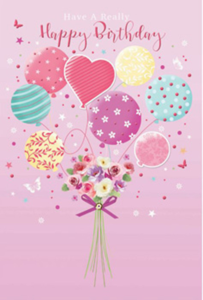 There is a sense of gentle jubilation in this birthday illustration, as though the joy of a Shadwell celebration has been captured in one floating arrangement of balloons and blooms. The background is a tender, powdery pink that immediately softens the mood, reminiscent of early evening skies over the docks. Rising from the base is a graceful cluster of pastel balloons, arranged so they appear to float upwards with soft determination. Each balloon is decorated with its own pattern and personality: delicate stripes that curl like streamers at a small family gathering, dotted designs that bounce with visual rhythm, and looser, whimsical swirls that evoke a painter's brush. The colour story blends pale sunshine yellow, rosy fuchsia, lavender, teal, and creamy white into a harmonious, almost musical palette. All the threads trail down into a hand-tied bouquet that anchors the composition. The flowers are petite yet lush, with rose-like and daisy-like heads whose velvety petals shift from cream at the edges to deeper rose tones near the centre, as though kissed by morning light rolling in from the river. The bouquet is cinched by a sparkling purple bow, giving the arrangement a polished, celebratory finish. Around the balloons, tiny butterflies and star-like accents seem to flit and hover, adding a delicate, storybook charm that might remind someone of watching boats and birds along the Thames Path. The artwork radiates a quiet message: this is a birthday to be treasured, thoughtfully marked with the same care and artistry that a local florist in Shadwell would bring to a bouquet prepared for a much-loved friend or family member.