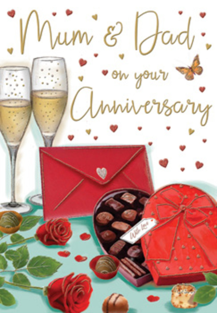 This expressive anniversary card artwork presents a romantic vignette that might easily belong on a Shadwell dining table prepared for a special evening. Dominating the foreground is a heart-shaped chocolate box, its lid a deep, romantic red crowned with a sumptuous bow that spills elegantly across the surface. The bow's ribbon appears satin-smooth, with subtle highlights that make each fold and twist feel touchable. The box is open, revealing neatly arranged chocolates, each one shaped and shaded with care so that they look rich, inviting, and ready to savour together. Nearby, two velvety red roses rest in relaxed elegance, their petals thick and luxuriously layered, unfolding in soft spirals that suggest both passion and tenderness. Their supporting greenery frames them in fresh, cool greens, evoking the look of stems just hand-tied by an experienced Shadwell florist. Rising just behind this inviting display stand two tall champagne flutes brimming with pale golden fizz. The tiny bubbles and reflections on the glass surfaces add a delicate sparkle, like the last of the sunset catching the water along the riverside. A few scattered chocolates lie casually across the tabletop, hinting at a celebration already in progress. To one side, a scarlet envelope nestles into the scene, angled slightly and glowing against the softer background tones, implying a handwritten message brimming with gratitude and love. Above, graceful swirls of gold and crimson hearts drift around handwritten anniversary words, giving the design movement and lightness, as though the air itself is filled with affection. The overall impression is one of intimate joy and indulgence: a scene that celebrates not only romance, but also the comfort, familiarity, and deep connection forged over many shared years.