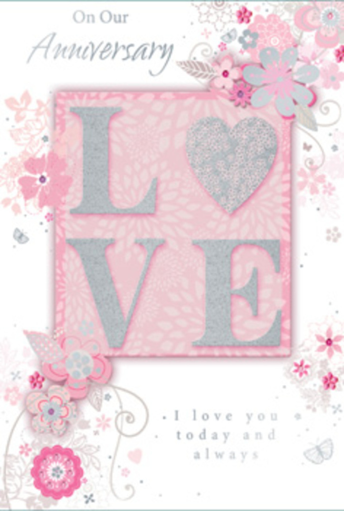 In this image, an anniversary card opens like a soft breath of light, evoking the feeling of stepping into a calm, sun-washed room in Shadwell where love is woven into everyday rituals. The central motif is the word "LOVE," rendered in an elegant, frosted glitter that glows rather than sparkles harshly. Each letter is raised, giving a subtle three-dimensional effect, as if the word itself were gently embossed onto the blush-pink panel beneath. The slightly rough glittered texture suggests a tactile delight under the fingertips. Surrounding the main motif, fine, hand-drawn blooms drift along the borders and edges of the card, their outlines reminiscent of a florist sketching an anniversary bouquet on a workbench near Cable Street. The flowers appear in soft shades of pink, lilac-grey, and ivory, their petals and leaves drawn with delicate strokes that leave plenty of breathing space. Wisps of sprays and tendrils arc gracefully between the blossoms, while tiny decorative details-filigree curls, miniature leaves, and faint, almost hidden butterfly shapes-peek from behind petals like small, charming secrets. The background blends tinted blush and pearlescent white, catching the light as if it were morning sun filtering through a window overlooking the Thames. Nestled beneath or to one side of the central word, the phrase "I love you today and always" is set in an understated, graceful font, its simplicity reinforcing the enduring nature of the sentiment. The design feels like a hand-tied bouquet translated into paper: restrained yet deeply romantic, much like an anniversary gesture shared quietly at home in Shadwell after flowers have been delivered and unwrapped on the kitchen table.