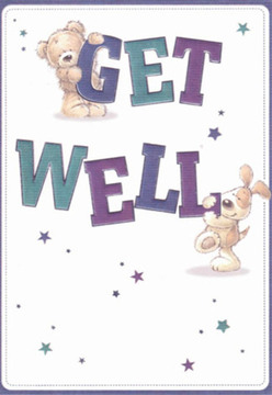 A spirit of gentle reassurance fills this charming get well card, echoing the close bonds of Shadwell's community. Nestled against a backdrop of pure white, a cheerful teddy bear and a floppy-eared puppy team up in passing a heartfelt message of recovery, their playfulness captured in rounded, inviting forms and soft, nuanced hues. The duo's fond expressions and comforting gestures mirror the nurturing hands of a Shadwell florist crafting blooms for neighbours along Wapping Wall or near King Edward Memorial Park. Across the card, bold, friendly letters in deep purples and aquas leap forward with infectious optimism, the 'GET WELL' message resonating like vibrant petals arranged to brighten a stark hospital room. Scattered stars in luminescent violets and teals sprinkle hope and delight throughout the composition, evocative of a starlit walk near Shadwell Overground. Every delicate brushstroke-down to the teddy's plush fur and the puppy's velvety ears-conveys the tactile care behind thoughtful gestures, whether a card or a hand-delivered bouquet for a friend in recovery. This card speaks not only through its vivid illustration, but through a warm, local spirit-a visual embrace that promises comfort, healing, and a touch of Shadwell's unique optimism.