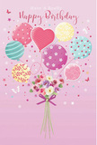 A whimsical birthday scene springs to life on a soft pink canvas, echoing the light-hearted spirit of celebrations in Shadwell near the river. At the top of the composition, pastel balloons rise as if floating on a breeze coming in from the Thames, each balloon rendered with distinctive patterns that give them their own voice. Some are wrapped in candy-coloured stripes, others bloom with playful polka dots, and at the centre a more prominent, slightly heart-shaped balloon seems to glow with affection. The colours are delicate yet joyful - shades of blush, mint, lavender, butter yellow, and soft peach blending together like reflections in Shadwell Basin. Below this cloud of colour, the balloon strings gather neatly into a compact hand-tied bouquet. The flowers themselves appear as graceful roses and anemone-like blooms in tones of creamy ivory, blush pink, and muted mauve, their petals layered and feathery, suggesting the soft texture of freshly opened blossoms in a local florist's bucket. A violet satin bow secures the stems, its sheen catching the imagined light that also highlights the rounded curves of the balloons. Scattered stars and tiny butterfly shapes dance around the arrangement, giving the impression of a birthday wish carried on the air, perhaps to a home near Cable Street or The Highway. The overall mood is light, airy, and tenderly festive - an image that captures not only the joy of balloons and flowers, but also the feeling of being remembered and celebrated with genuine care on a special day in Shadwell.